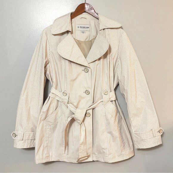 Weather Tamer Jackets & Blazers - Weather Tamer Womens Beige & White Striped Trench Coat L Double-Breasted Belted